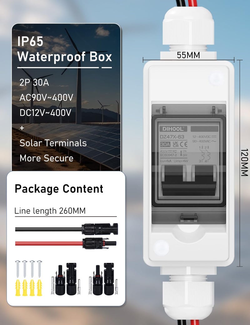 DIHOOL Solar Panel Disconnect Switch, Non Polarized DC Circuit Breaker, 30 Amp, 2 Pole, 12V-400V, AC Disconnect Box Outdoor, Battery Cutoff Isolator - Image 5